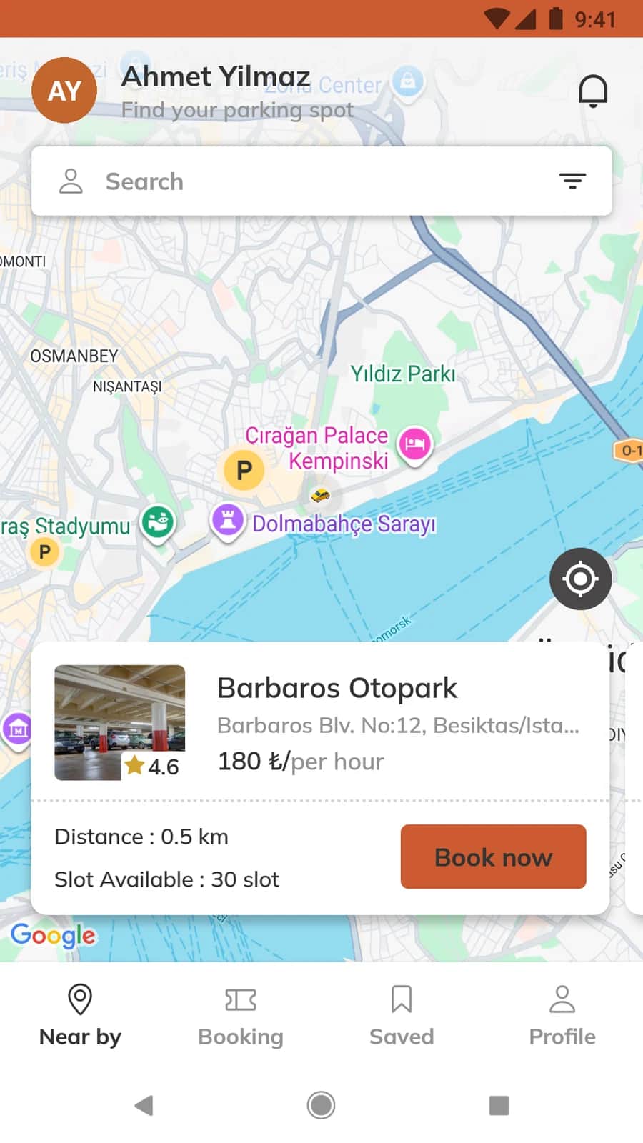 Jet Garaj app map showing nearby parking locations with prices
