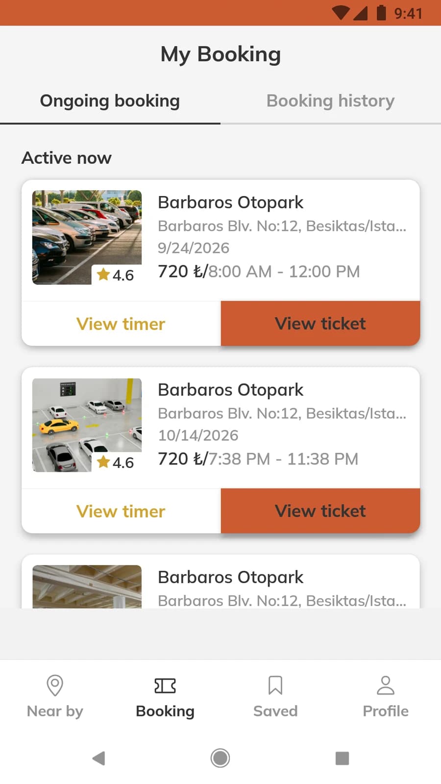 Ongoing and past bookings list