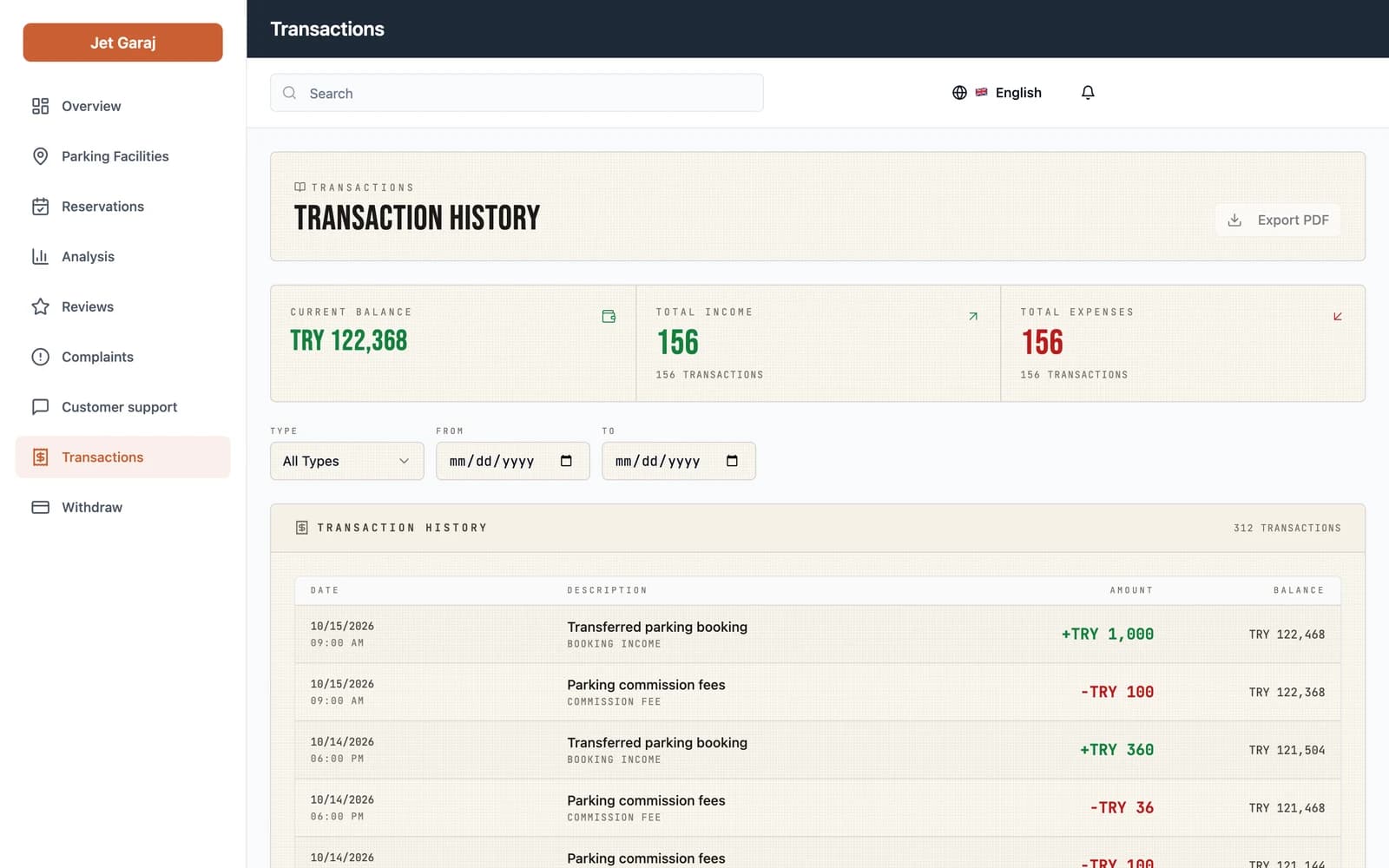Transaction history with filters