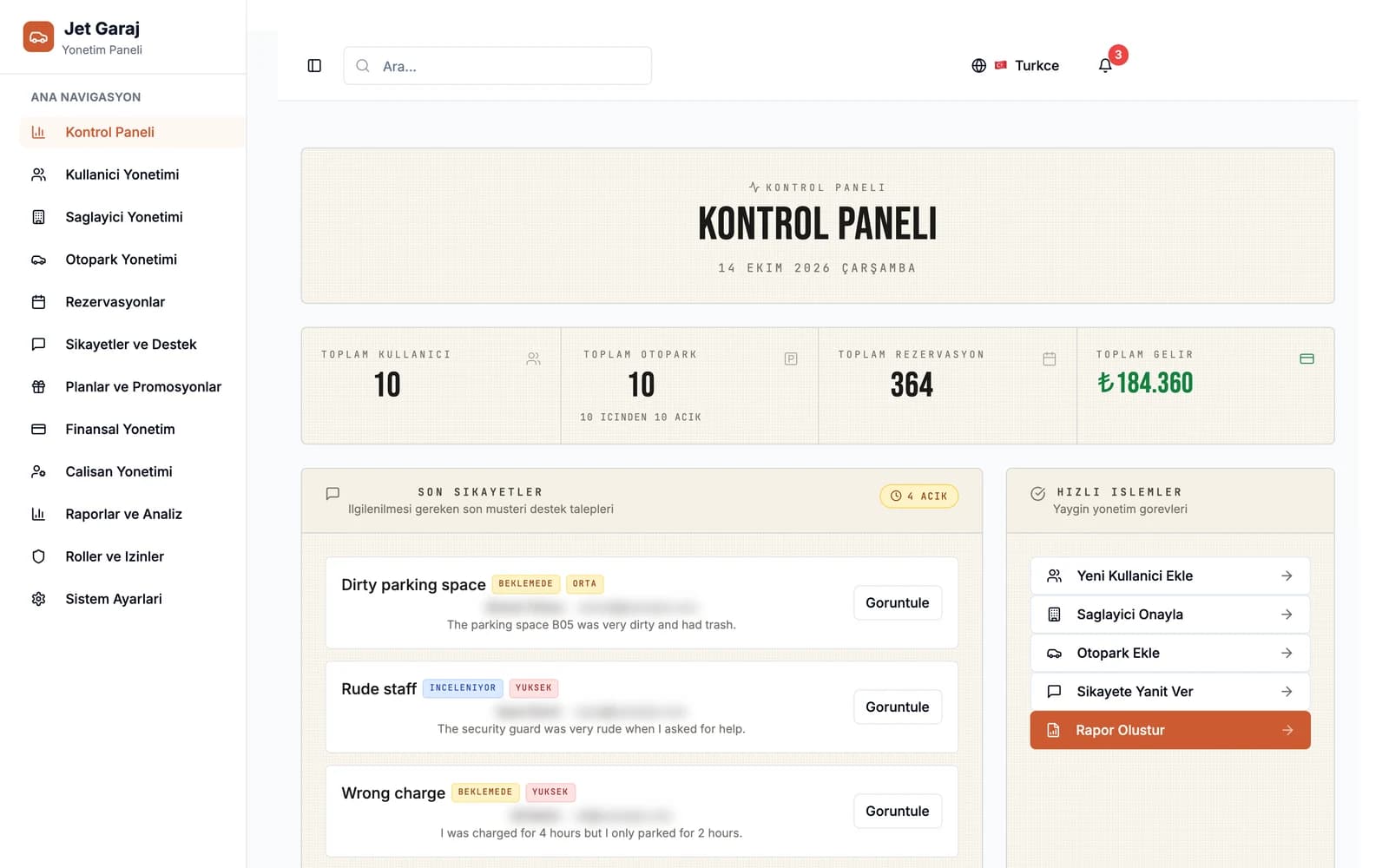 Platform genelindeki istatistikleri gösteren operasyon paneli