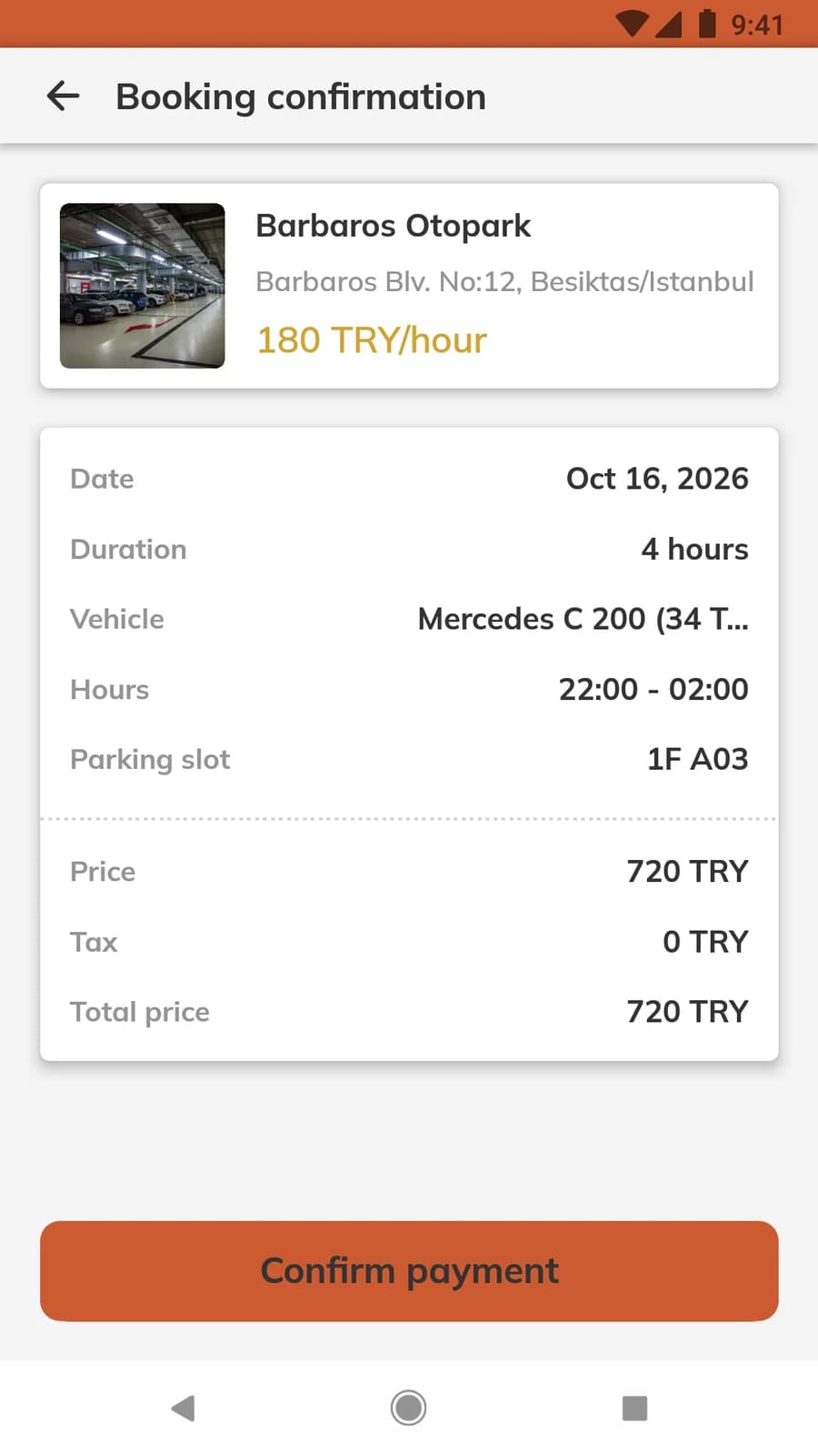Booking summary with spot, vehicle, time and total price