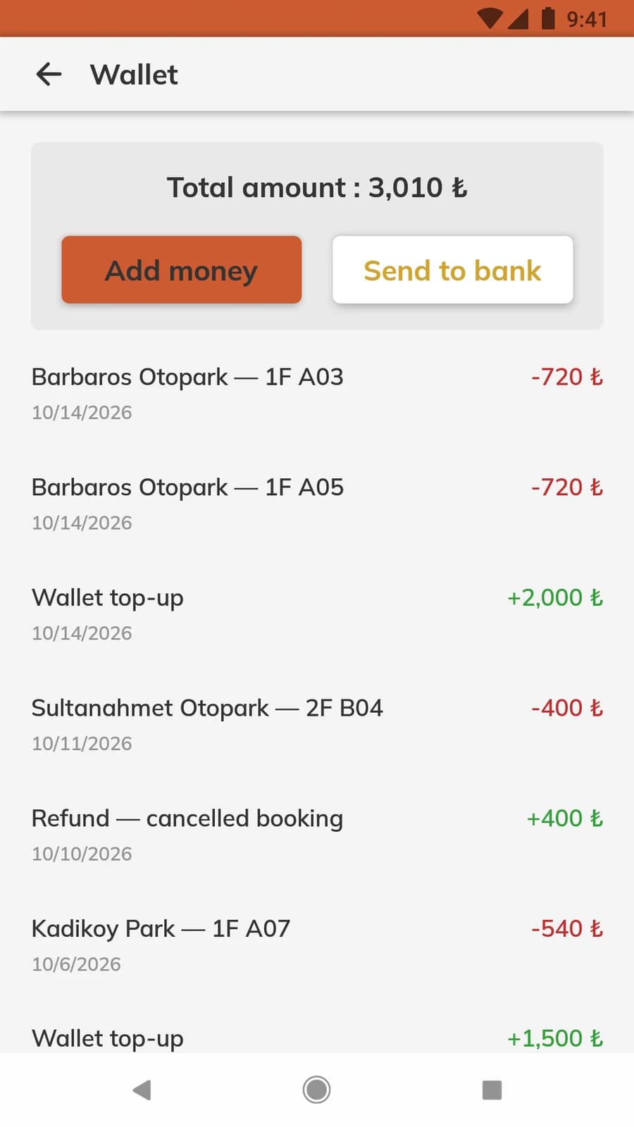 Wallet screen with balance and transaction history