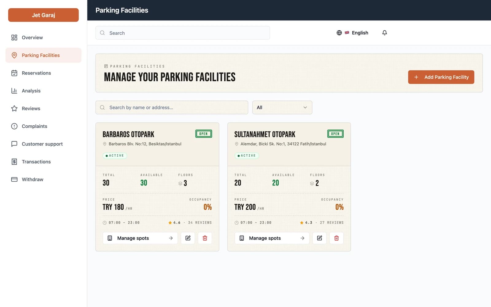 List of an owner's parking facilities