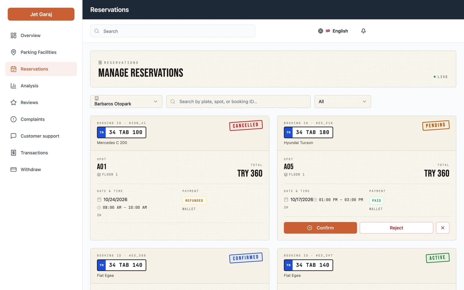 Reservations list with status filters