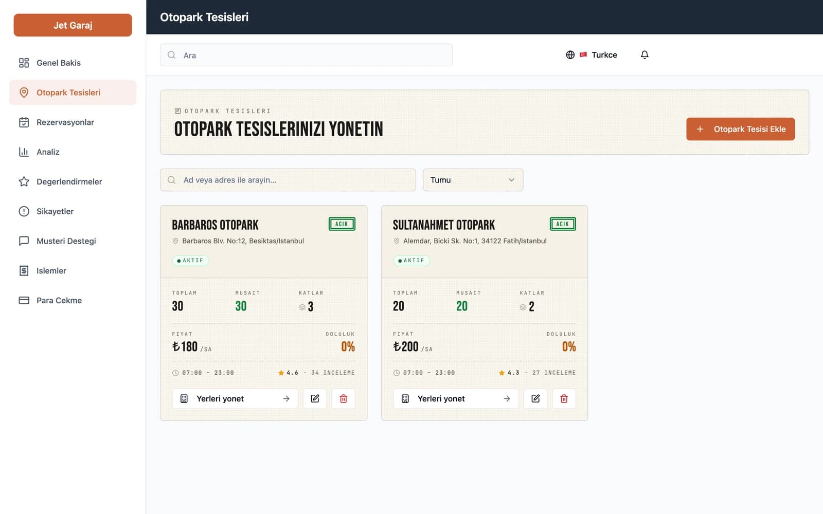 Otopark sahibinin tesis listesi